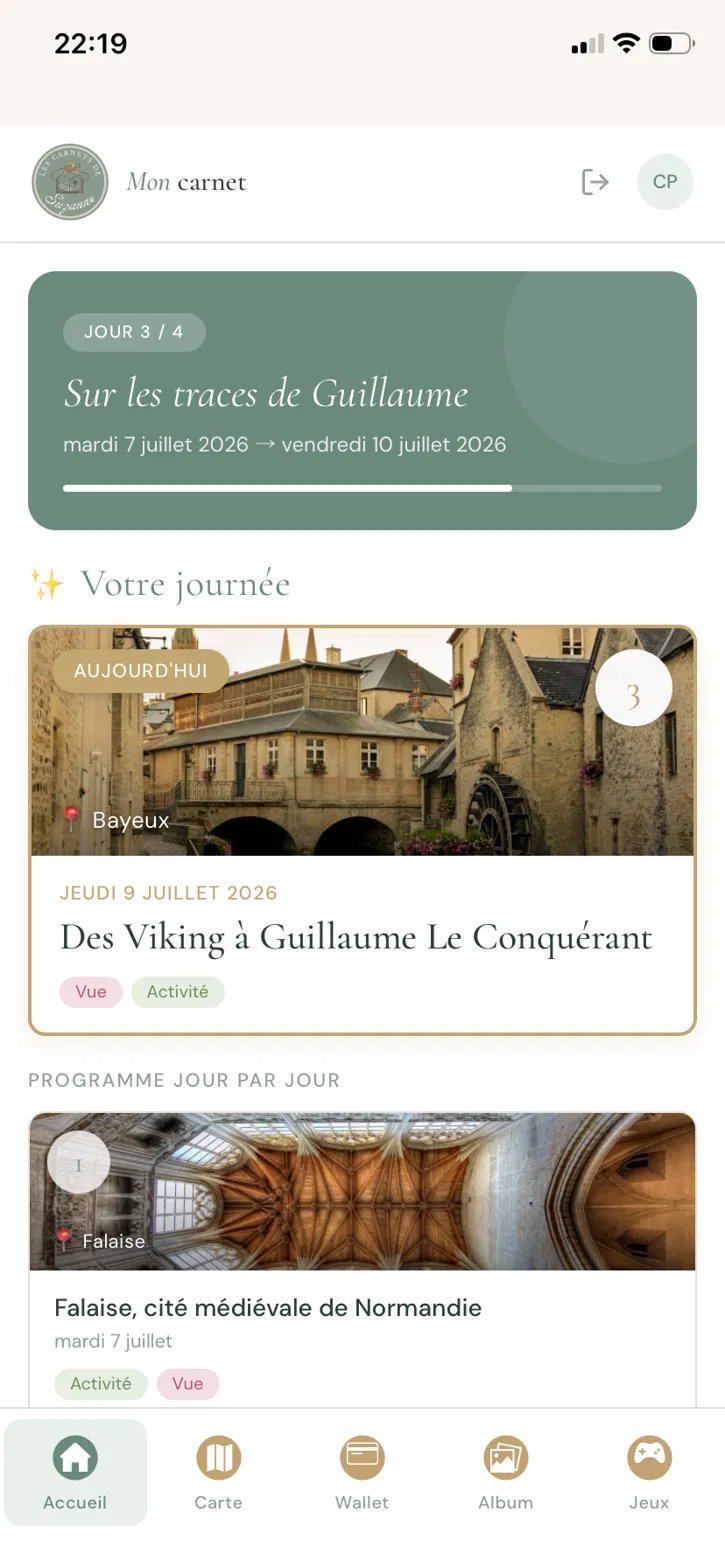 Écran d'accueil de l'application : le programme du jour